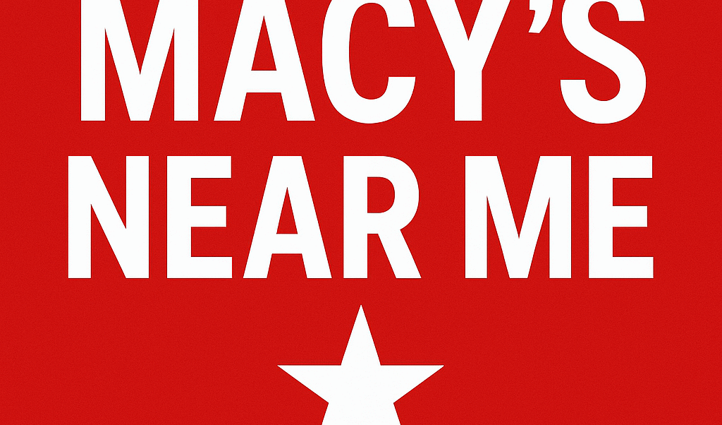 Bold white text reading “MACY’S NEAR ME” centered on a bright red square background, with a white five-pointed star beneath the text.