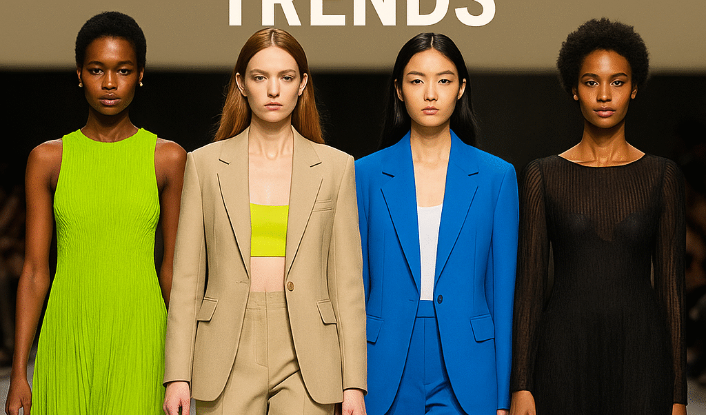 Models walking runway showcasing 2025 latest fashion trends with sustainable fabrics, bold colors, tech-inspired designs, and quiet luxury outfits.