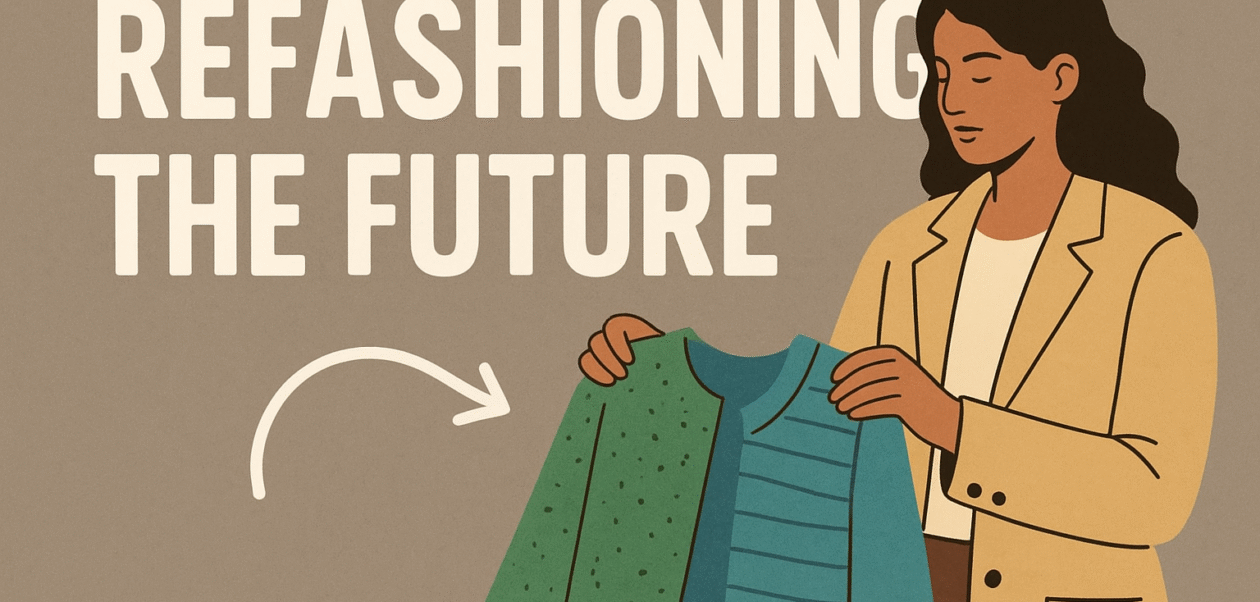 Illustration of a woman holding a green and teal patchwork garment beside the bold title “Refashioning The Future” on a taupe background, symbolizing sustainable fashion innovation.