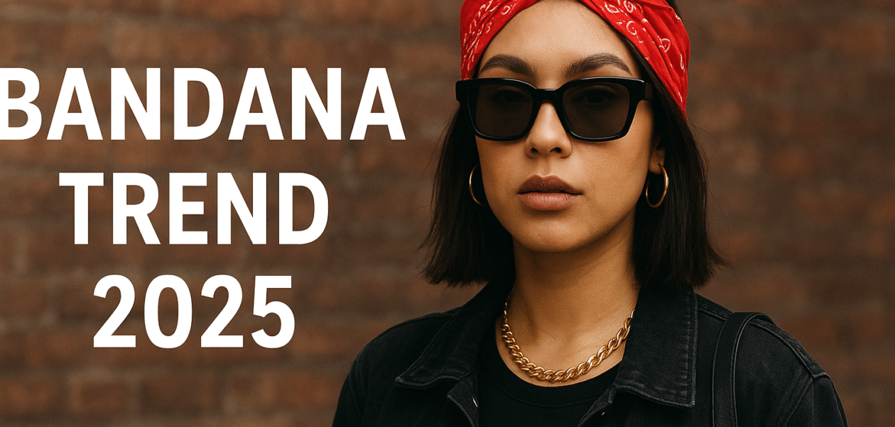 A stylish young woman wearing a red paisley bandana and black sunglasses poses confidently against a brick wall, with the bold white text “Bandana Trend 2025” on the left side.