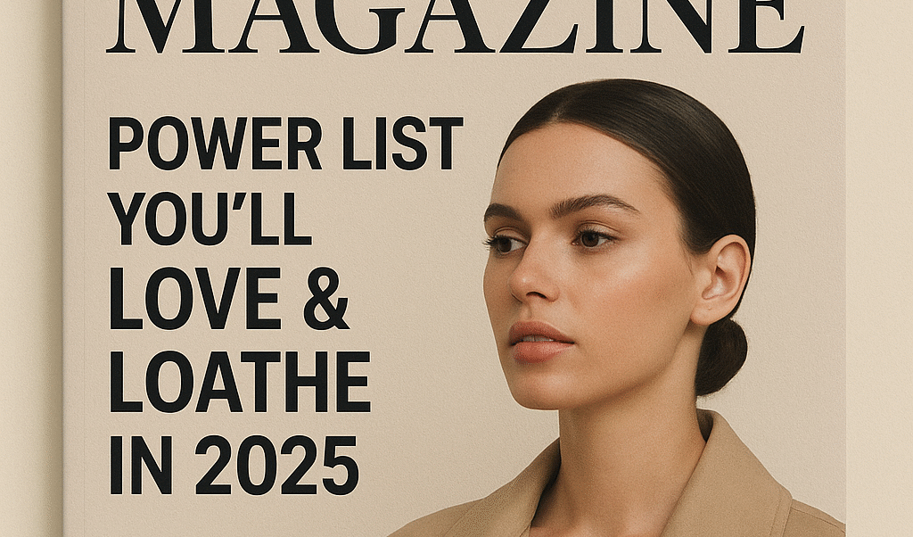 A minimalist 2025 Fashion Magazine cover featuring the headline “Power List You’ll Love & Loathe in 2025,” with a poised woman in a beige trench coat against a soft beige background, symbolizing modern elegance and sophistication.