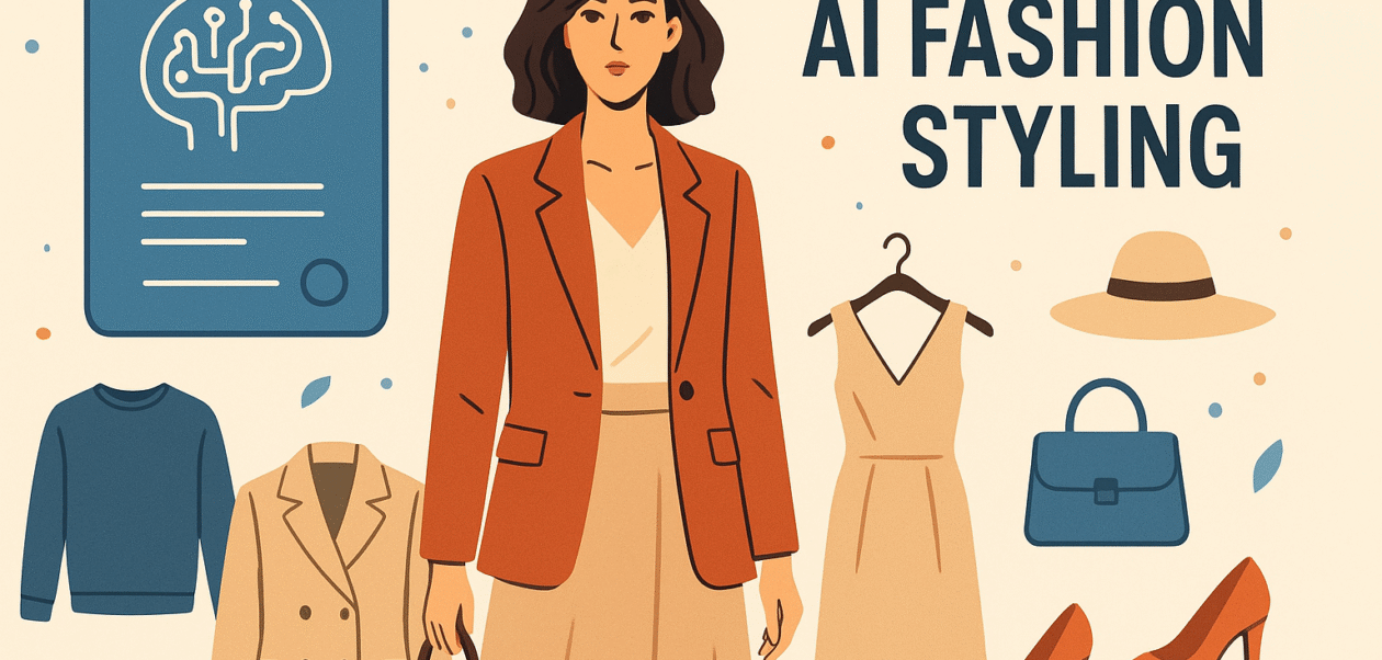 A modern digital illustration showing AI fashion styling, featuring a stylish woman surrounded by clothing items, accessories, and a blue AI interface icon.