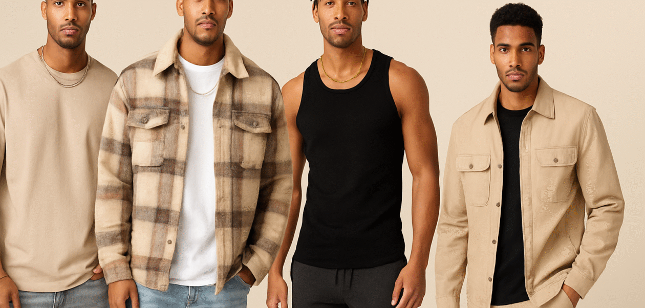 Four male models wearing Fashion Nova Men’s outfits, standing side by side against a beige background. The outfits include casual streetwear pieces such as a beige sweatshirt, plaid jacket, black tank top, and beige button-up jacket, showcasing modern and stylish men's fashion.