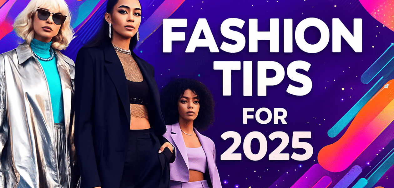 A vibrant Fashion Tips for 2025-themed graphic featuring three stylish women wearing trendy 2025 outfits, standing against a colorful abstract background with bold shapes. The models showcase modern looks including a metallic jacket with sunglasses, a sleek black blazer outfit, and a pastel purple suit.