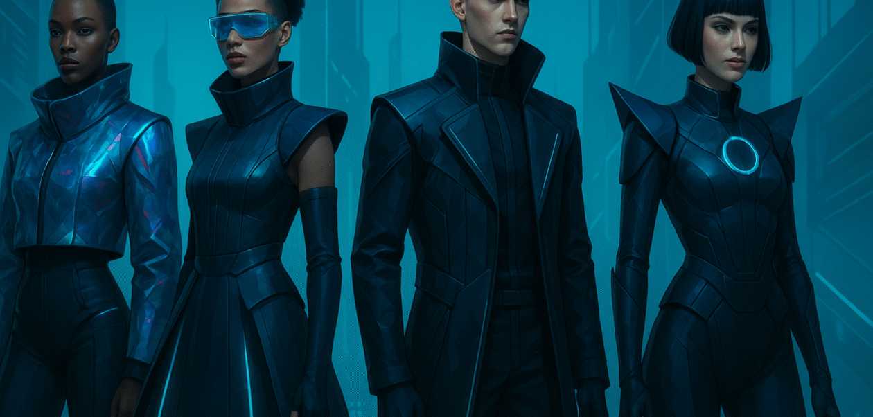 Four futuristic fashion models stand in a sleek, neon-lit cityscape wearing avant-garde outfits with geometric designs, glowing accents, and metallic fabrics in shades of blue and black.