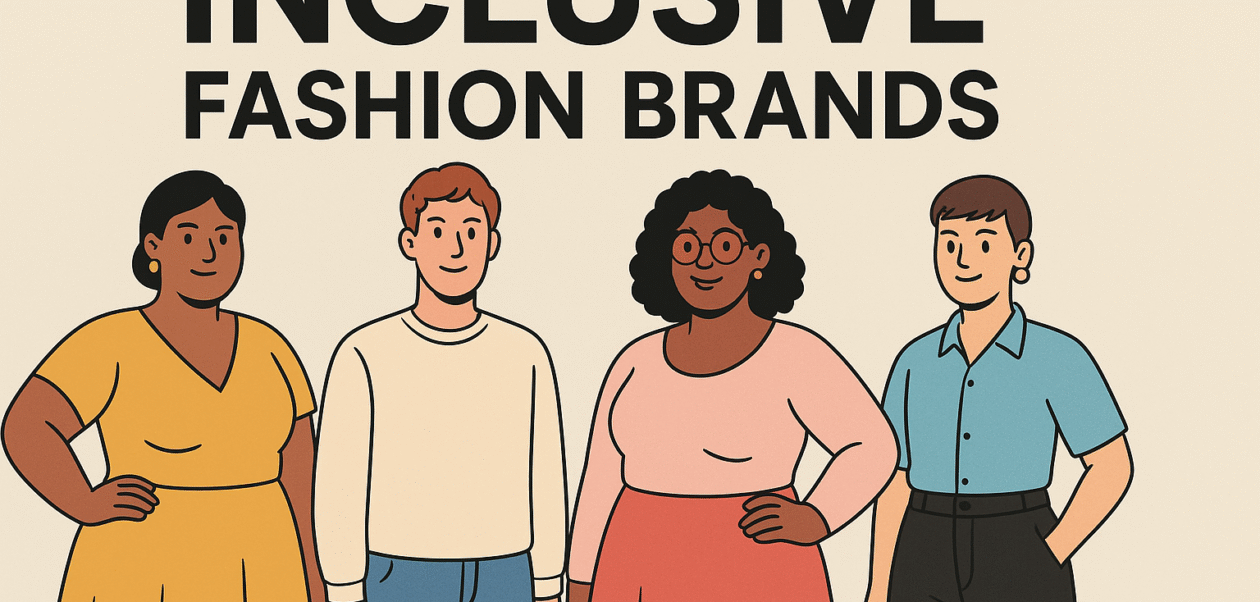 A 2D digital illustration featuring four diverse individuals of different body types, skin tones, and genders standing confidently together against a beige background, representing inclusive fashion brands.