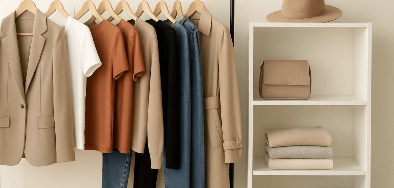 A modern capsule wardrobe setup featuring a black clothing rack with neutral-toned pieces such as blazers, tops, jeans, and a trench coat. Beside it stands a white shelving unit holding a beige hat, a matching handbag, folded sweaters, and pairs of shoes, all arranged in a clean, minimalist style.