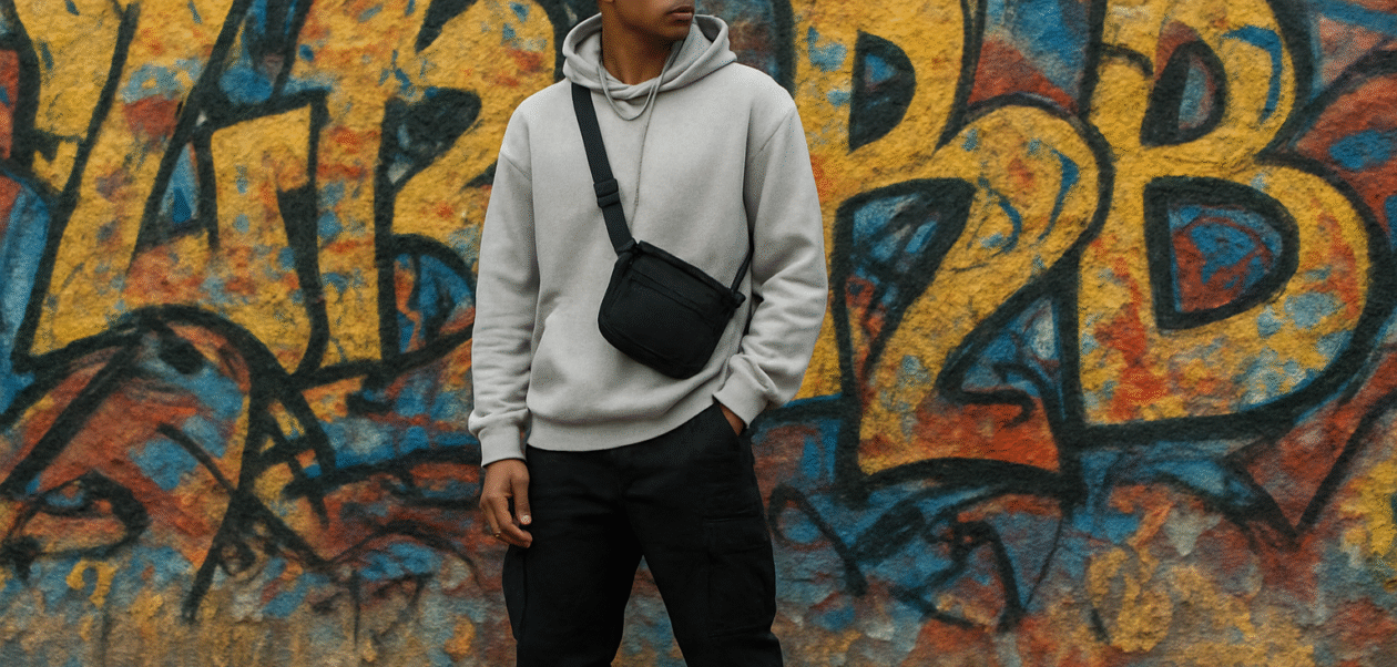A young man wearing a gray hoodie, black cargo pants, and white sneakers stands confidently in front of a colorful graffiti wall, showcasing modern urban streetwear fashion.