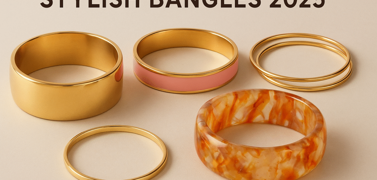 A modern display of stylish bangles for 2025 featuring gold, pink enamel, and marbled resin designs on a beige background, showcasing elegant jewelry trends.