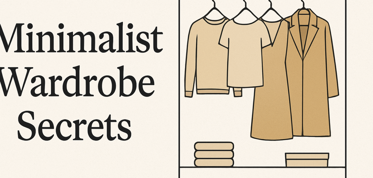 Minimalist wardrobe illustration showing neutral-toned clothing neatly arranged on a simple rack, representing clean, timeless fashion essentials.