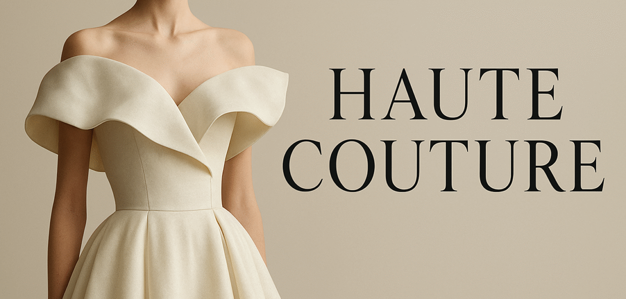 Elegant off-white haute couture gown with a sculpted off-shoulder design, displayed against a soft beige background with the text “Haute Couture.”