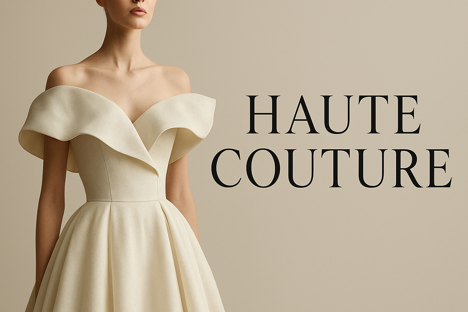 Elegant off-white haute couture gown with a sculpted off-shoulder design, displayed against a soft beige background with the text “Haute Couture.”