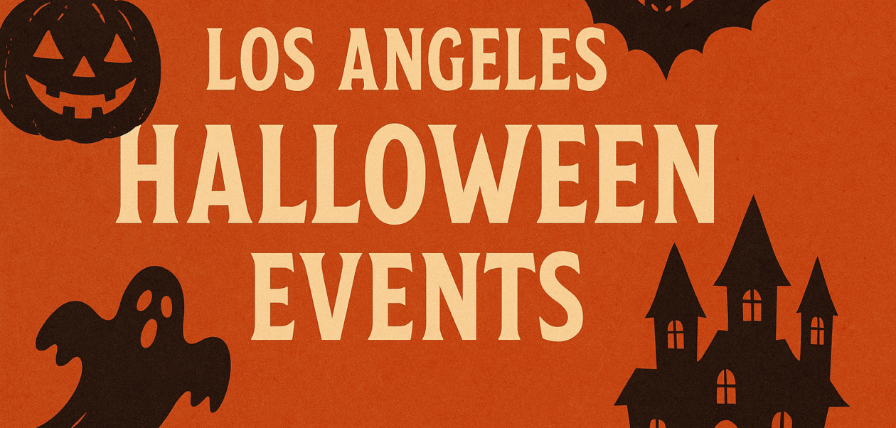 A Halloween-themed Los Angeles cityscape at night with glowing skyline, pumpkins, bats, fog, and bold text reading “Los Angeles Halloween Events.