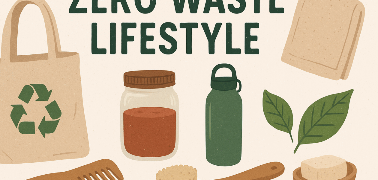 Zero Waste Lifestyle illustration featuring reusable eco-friendly items including a cloth tote bag with recycling symbol, glass jar, water bottle, bamboo toothbrush, wooden comb, soap bar, and green leaves.