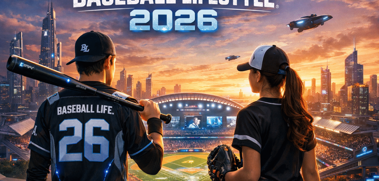 Baseball Lifestyle 2026 featuring two modern baseball players overlooking a futuristic stadium at sunset, symbolizing the future of baseball culture, technology, and fan experience.