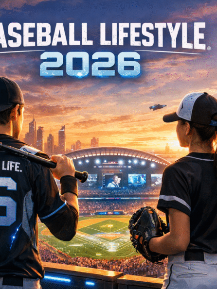 Baseball Lifestyle 2026 featuring two modern baseball players overlooking a futuristic stadium at sunset, symbolizing the future of baseball culture, technology, and fan experience.