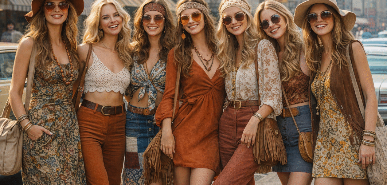 Group of women wearing 1970s-inspired fashion—flowy dresses, flared pants, headbands, wide-brim hats, and round sunglasses standing together on a vintage city street with classic cars in the background.