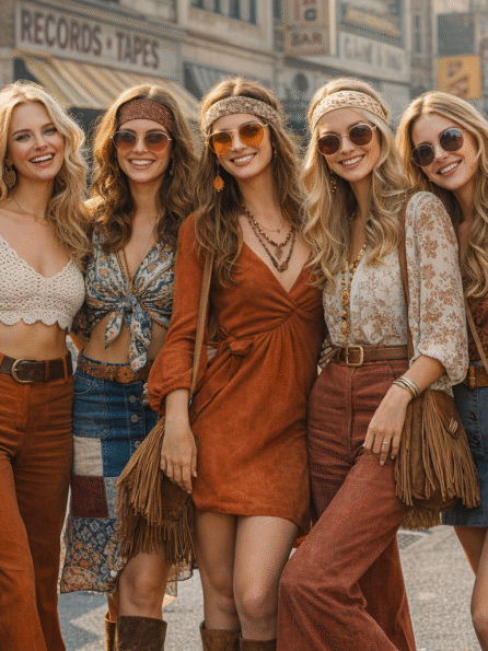 Group of women wearing 1970s-inspired fashion—flowy dresses, flared pants, headbands, wide-brim hats, and round sunglasses standing together on a vintage city street with classic cars in the background.