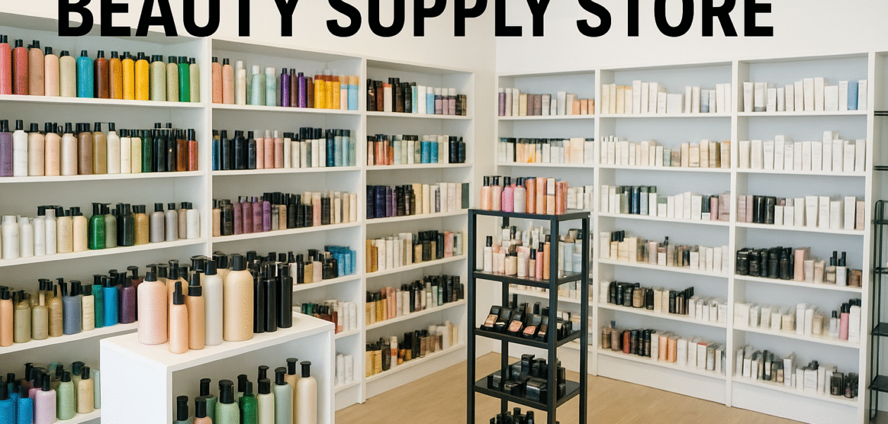 Beauty supply store interior with organized shelves of hair, skincare, and cosmetic products
