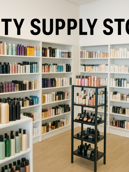 Beauty supply store interior with organized shelves of hair, skincare, and cosmetic products